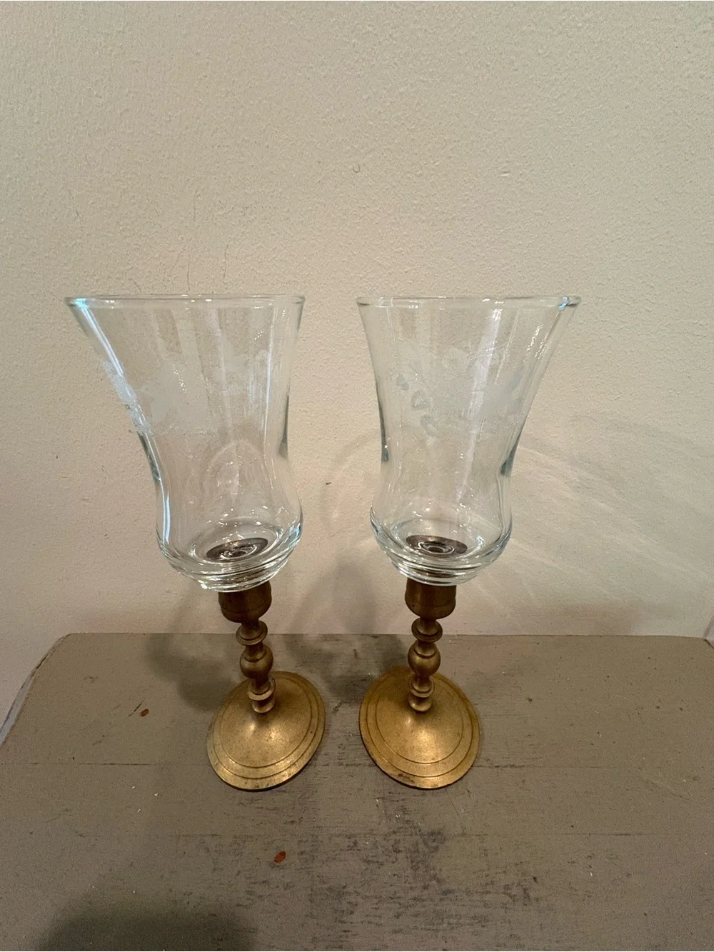 Two VTG Brass Taper Candlesticks With Clear Glass Hurricane Shades